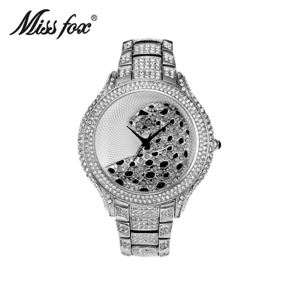 leopard silver Miss Fox Женские часы лучший бренд Роскошные леопардовые женские часы женские блестящие алмазные серебряные часы женские часы из нержавеющей стали - Цвет: leopard silver