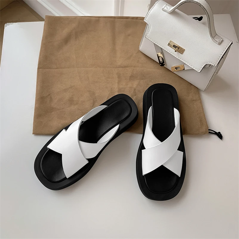 

Meotina Slippers Women Shoes Genuine Leather Sandals Flat Platform Med Heel Slides Round Toe Ladies Footwear Summer Fashion 40