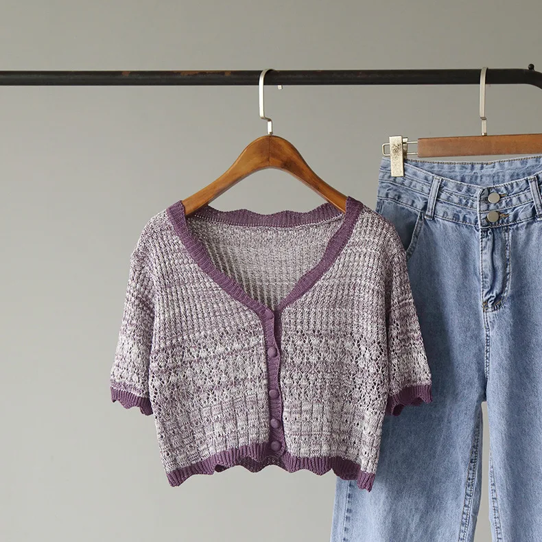 

V-neck Crop Tops Button Short-Sleeve Ribbed Knitted Korean-Style White Blue Sexy