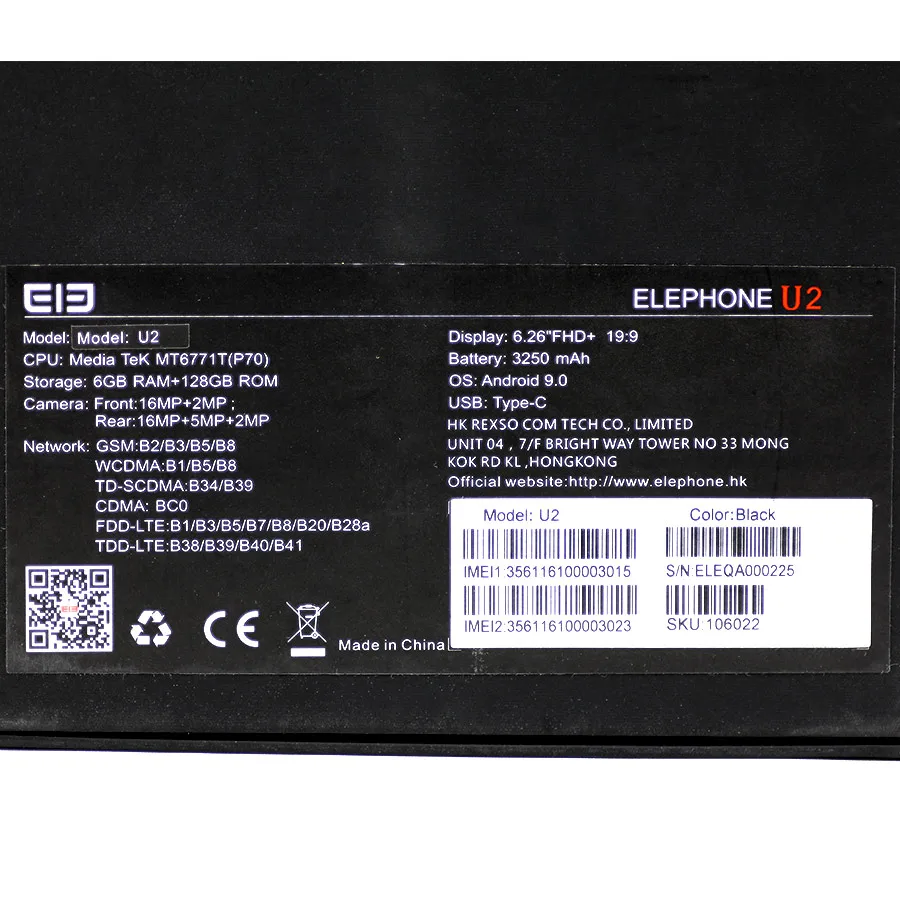Elephone U2 16MP всплывающая камера 6,2" FHD+ экран Android 9,0 MT6771T Восьмиядерный 4/6GB 128GB Face ID 4G LTE мобильный телефон