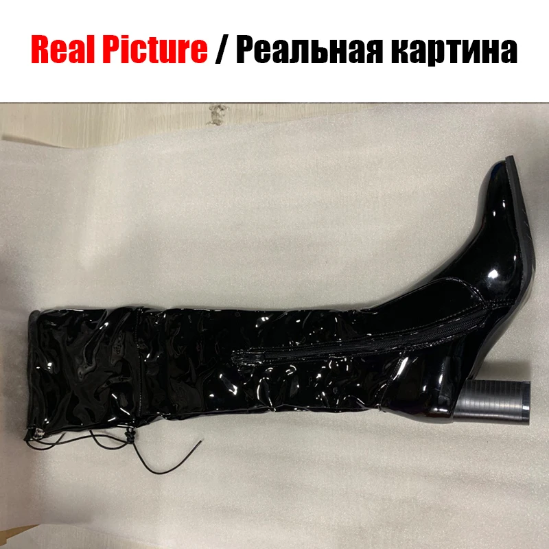 BONJOMARISA/женские брендовые ботфорты выше колена из лакированной искусственной кожи размера плюс 33-48 женская зимняя обувь для вечеринок на высоком каблуке