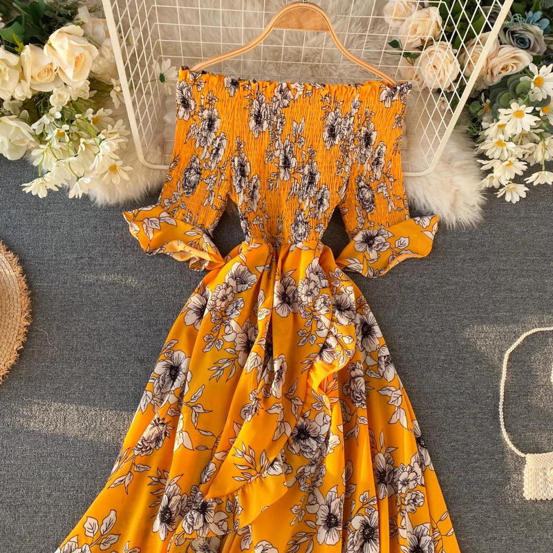 Платье Бохо женское Винтажное с оборками и цветочным принтом пикантное длинное