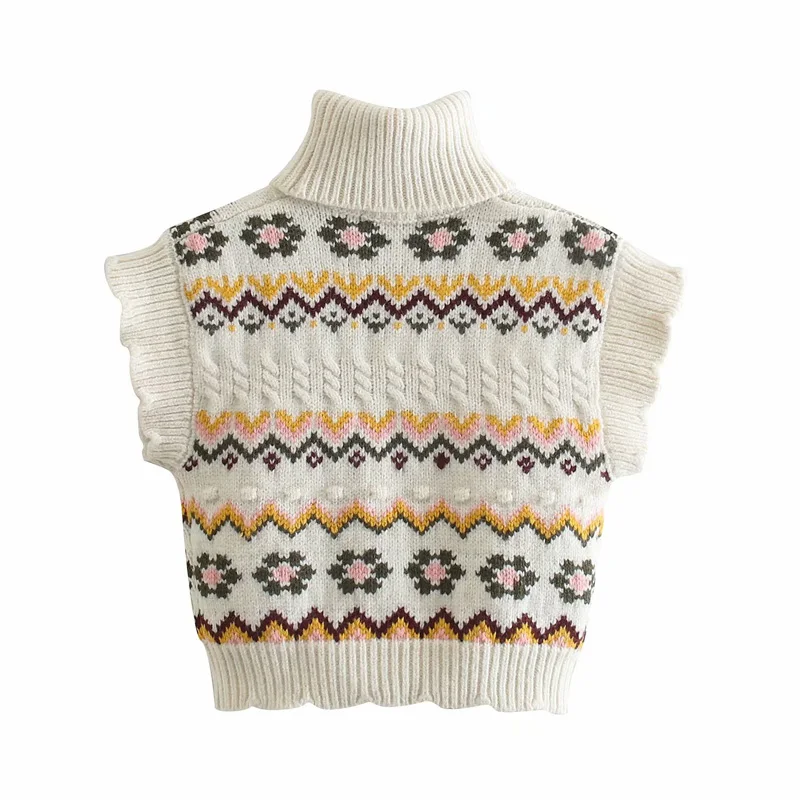 

Spring and Autumn Women's Casual Printed Turtleneck Sleeveless Sweater