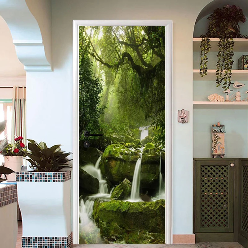 PVC Self-Adhesive Door Sticker 3D Green Forest Waterfall Mural Wallpaper Living Room Study Poster Waterproof Wall Stickers | Дом и сад