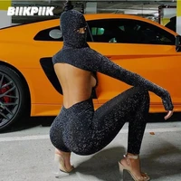 biikpiik female shinny jumpsuits elegant knitting hollow out sexy workout overalls streetwear long sleeve autumn women clothes