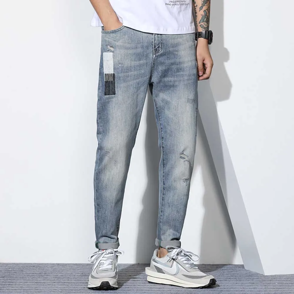 

Trendy Harem Jeans Man Skinny Printed Jeans Slim Fits Embroidery Patch Denim Pants Casual Joggers Trousers Men Clothing