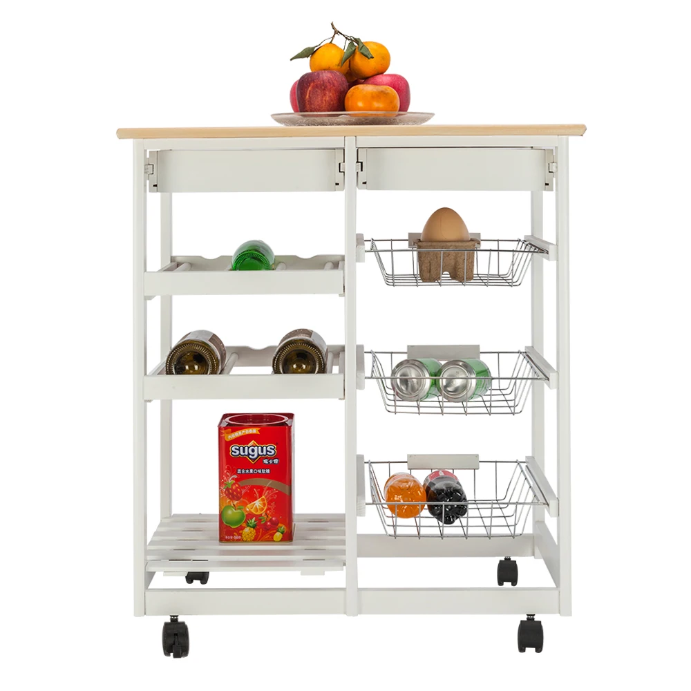 

Moveable Kitchen Cart with Two Drawers & Two Wine Racks & Three Baskets White Rolling Storage Cart with Drawers 3 Tier