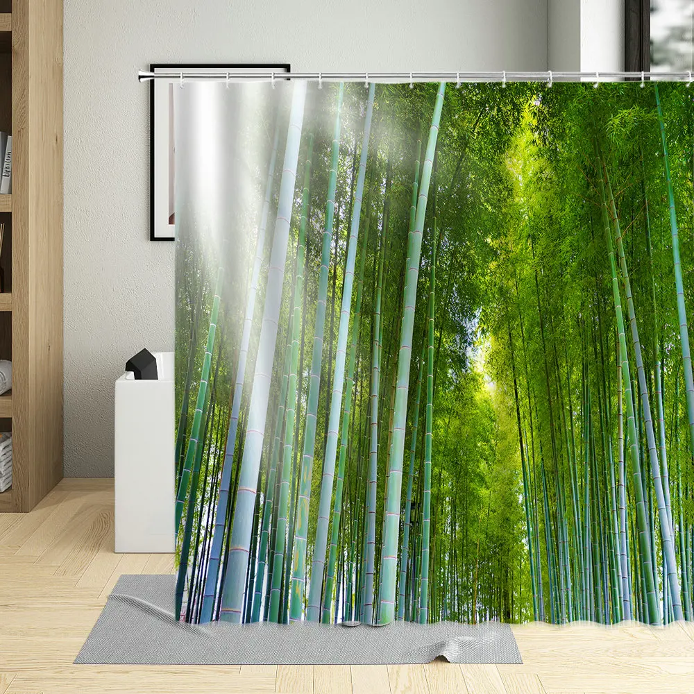 

Spring Green Bamboo Shower Curtain Forest Natural Scenery Landscape Pattern Bathroom Screens Washable Polyester With Hooks Set