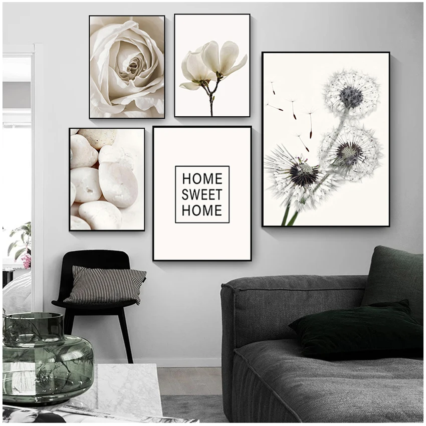 

Canvas Painting Wall Art Flower Stone Feather Picture Poster and Nordic Style Modern Home Living Room Bedroom Decoration