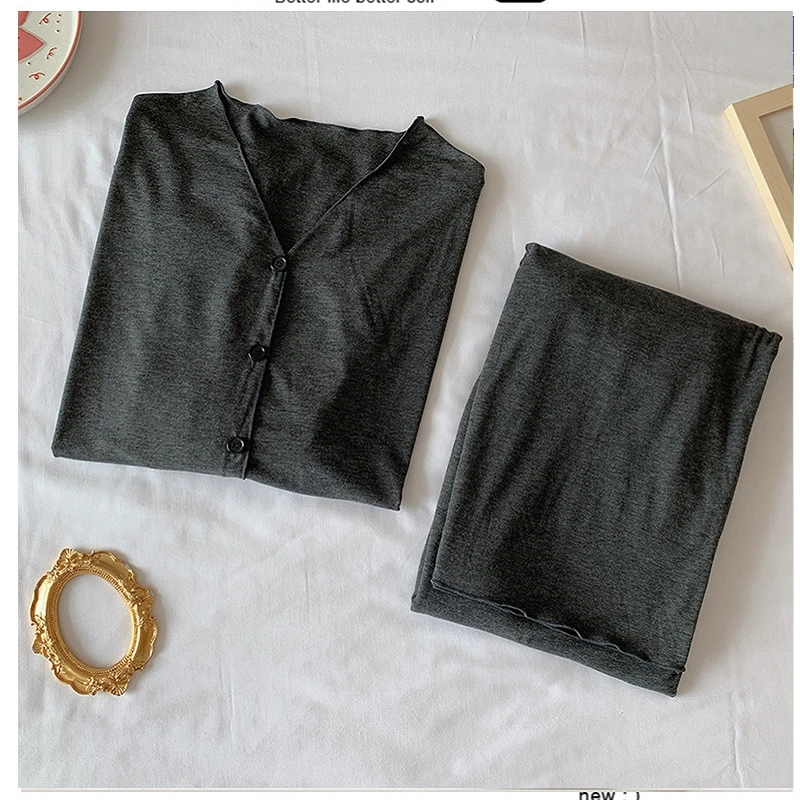 

Pajamas women's simple Japanese spring and autumn dark gray pajamas women's autumn cardigan winter suit long-sleeved home servic