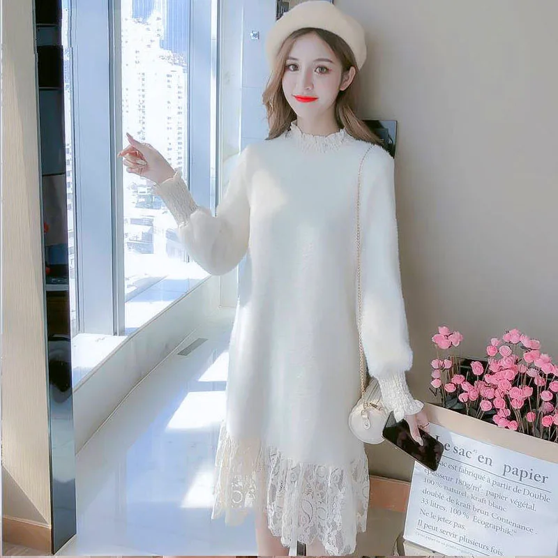 

Women's Autumn Winter Style Dress Women's Elegant Turtleneck Solid Color Sashes Lace Patchwork Casual Dress AA3394