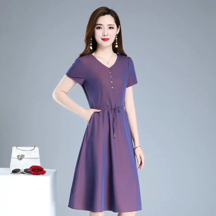 

Summer Red Purple Drawstring Waist One Piece Dress Women Smart Casual Short Sleeve V-Neck Knee Length Roeb Plus Size Clothes 5XL