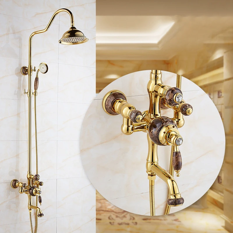 Латунный смеситель для душа из натурального нефрита набор золотого цвета с