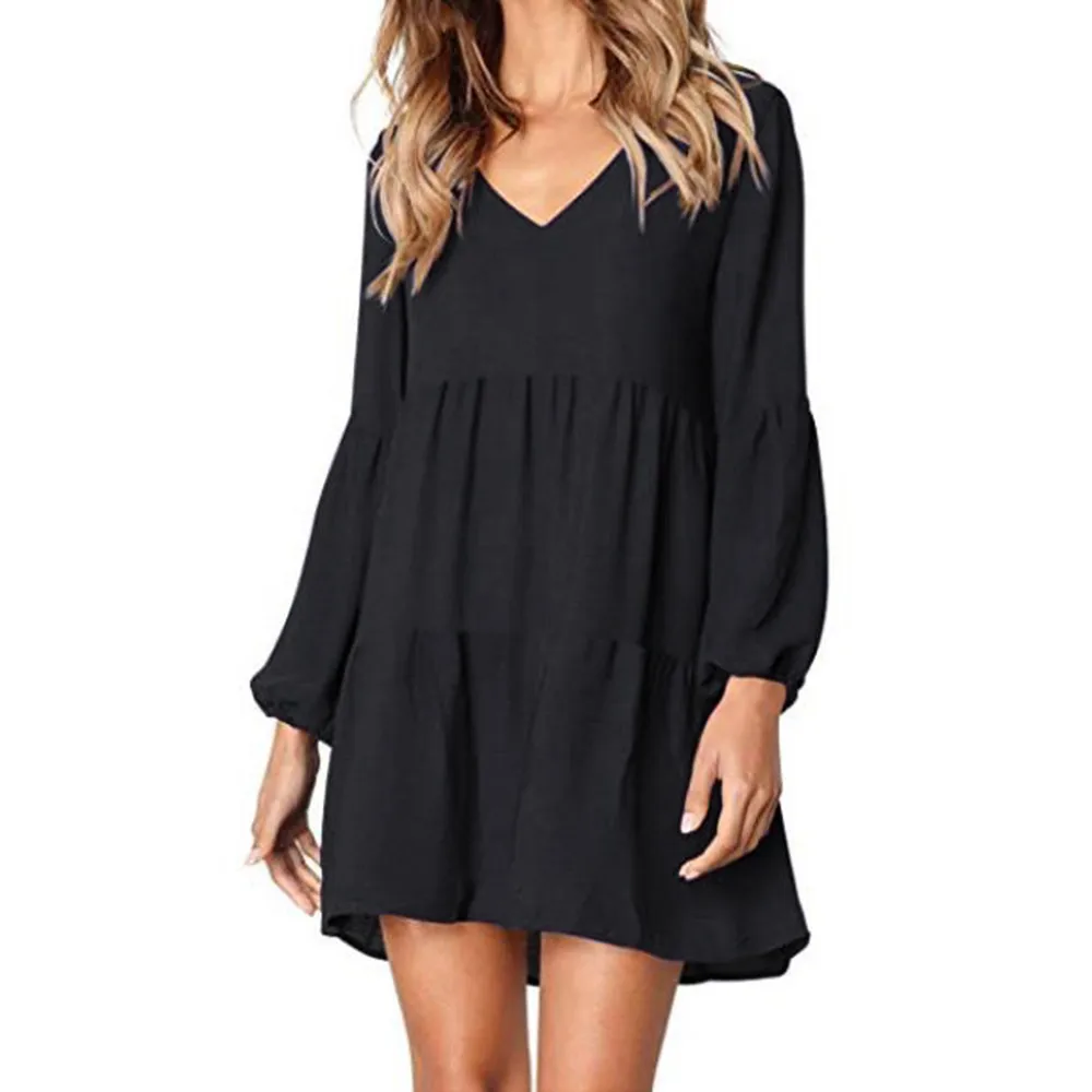 

Casual Sexy Dress Spring Summer 2020 New Fashion Women Solid Lantern Long Sleeve Party Dress V-Neck Draped Knee-Length Dress