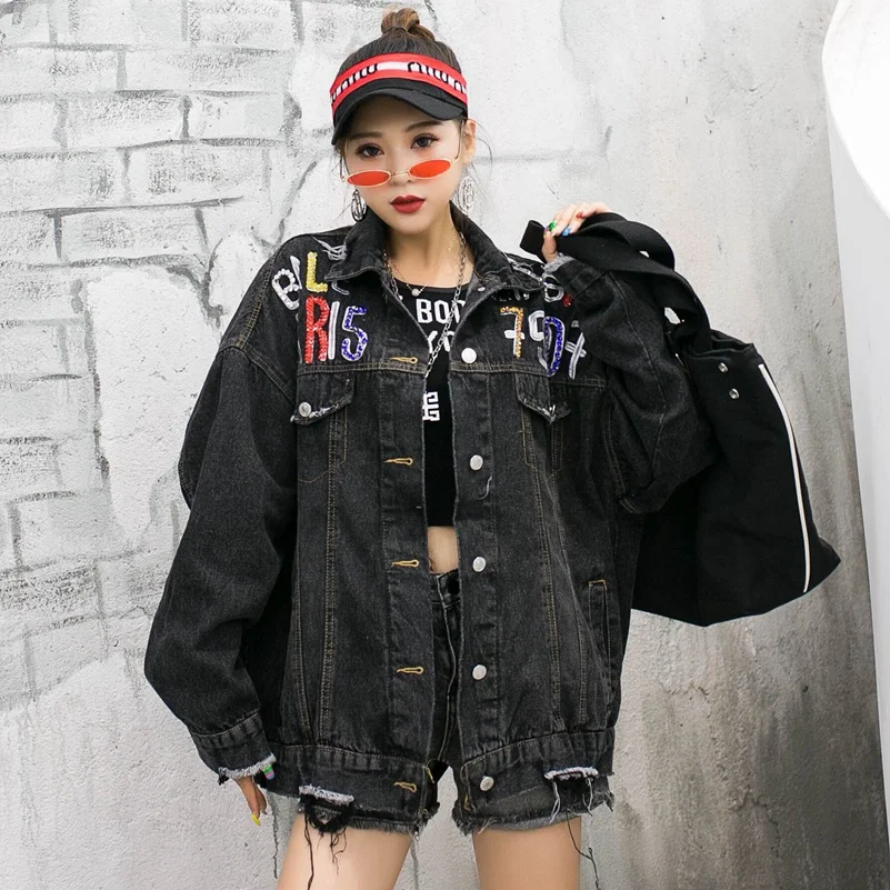 SexeMara модная новинка свободная джинсовая куртка с бусинами и надписями