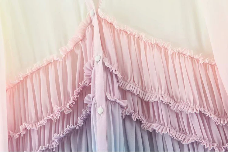 

Vintage V-Neck Long Sleeve Ruffle Holiday A-line Dress Gradient Multicolor Holiday Long Dress Chiffon Summer Dress Vestidos