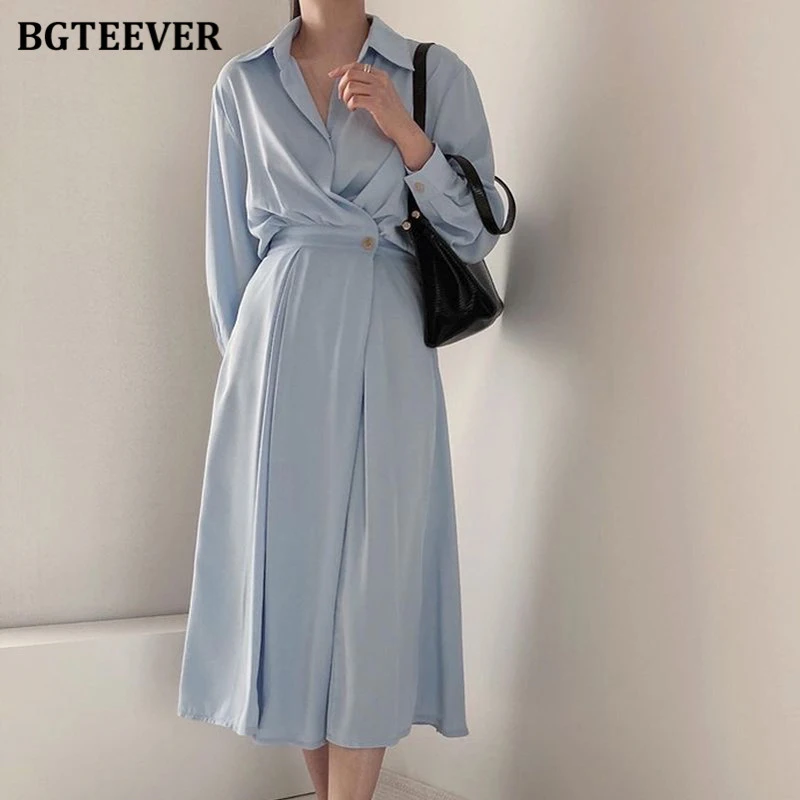 

BGTEEVER Casual Solid Lapel Female Shirt Dress Full Sleeve Slim Waist Button Women A-line Dress 2021 Autumn Ladies Vestidos