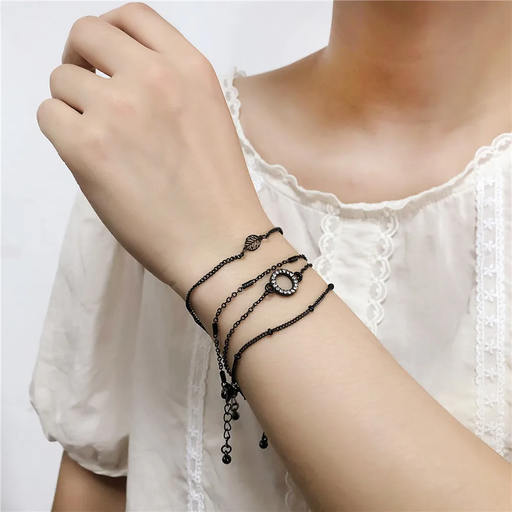 

Trendy Simple Leaf Diamond Round Chain Bracelet Punk Fashion Diamond 4 Gun Black Bracelet Set For WomenZZ77