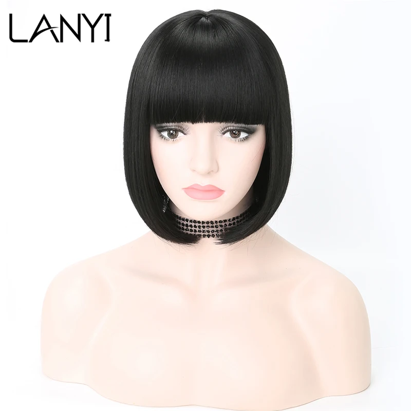 

Lanyi Short Straight Bob Hair with Bangs Synthetic Hair For Women 12 Inches Heat Resistant Fibers Daily Natural Wigs