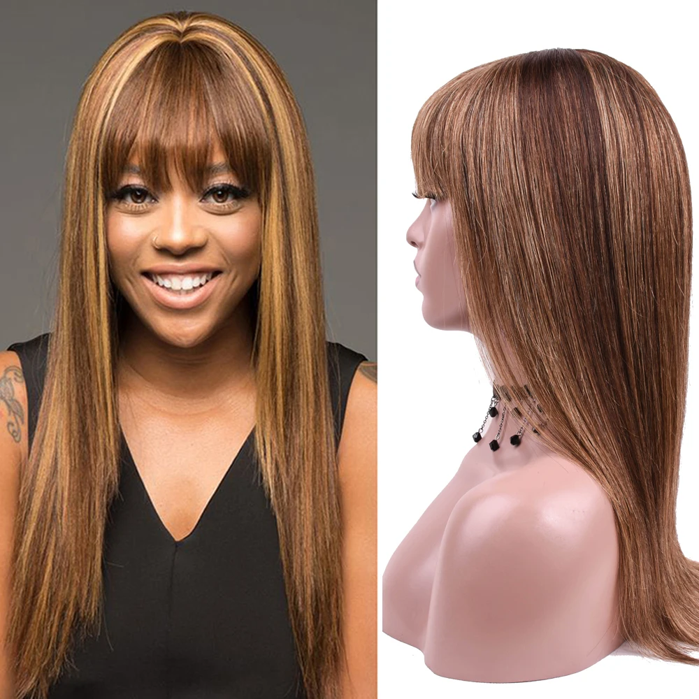 Выделите человеческих волос парики с челкой прямые P4/27 Цветной коричневый блонд