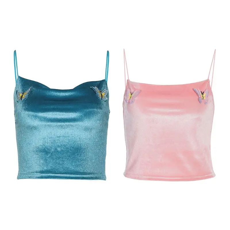 Женский Готический укороченный топ на бретельках с объемной вышивкой бабочки