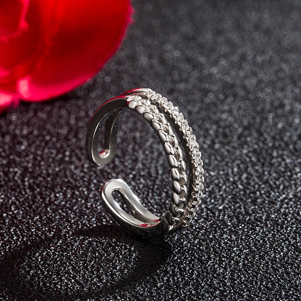 

Minimalist Women's Original 925 Silver Ring Double Layer AAA Cubic Zircon Inlaid Open Ring Freely Adjustable Femal Charm Jewelry