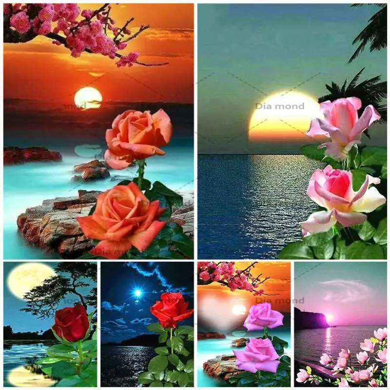 

5D DIY Rose Diamond Painting Flower Cross Stitch Kit Full Square Rhinestone Sunset Landscape Diamond Embroidery Home Decoration
