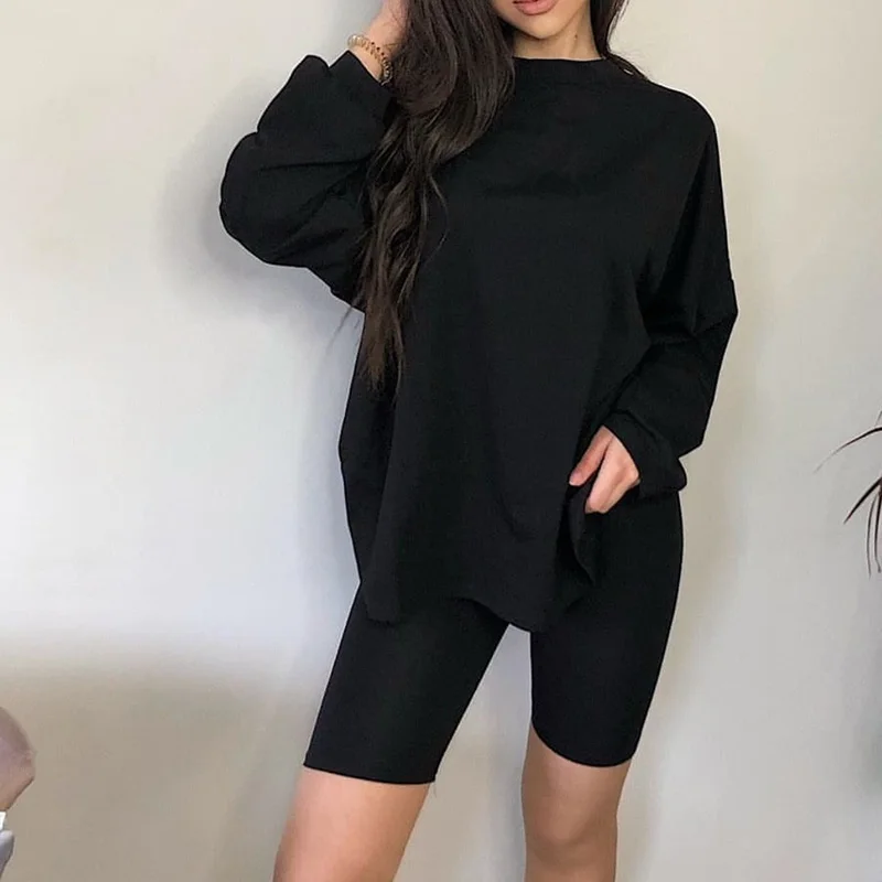 

Casual Women Sport Outfits Two Piece Set Summer Loose Long Sleeve Tops Elastic Biker Shorts Tracksuits Home Clothes Suit SJ6264V