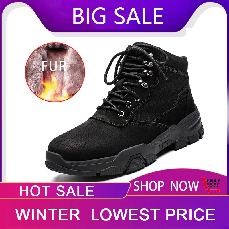 Hot Sale Leather Boots Men Casual Ankle Outdoor Mens Shoes High Top Winter with Fur Black Plus Size Comfortable Foorwear | Обувь