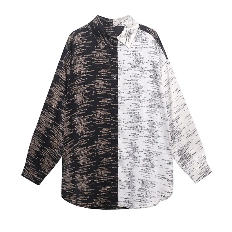 

XITAO Patchwork Hit Color Letter Print Shirt Women Clothes 2021 Spring New Fashion Polo Collar Full Sleeve Shirt Top ZY5002