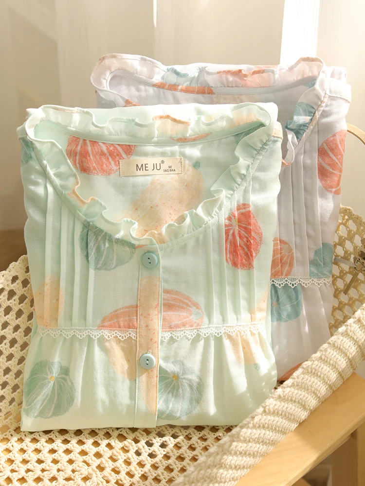 

Hanxiuju Cotton Gauze Women's Pajamas Sets Summer Short Sleeve Long Pants Sweet Girls Loose Sleepwear Homewear