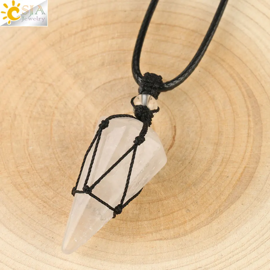 White Crystal Csja натуральный каменный конус Подвески Кристалл кварц Черная веревка обернутая лечение мужские т камни ожерелье для мужчин женские модные ювелирные изделия G173 - Окраска металла: White Crystal