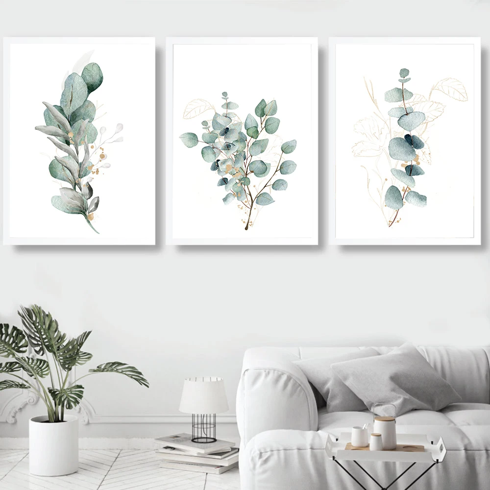 

Green Plant Leaves Poster Print Eucalyptus Wall Art Canvas Painting Nature Picture for Living Room Watercolor Home Decoration
