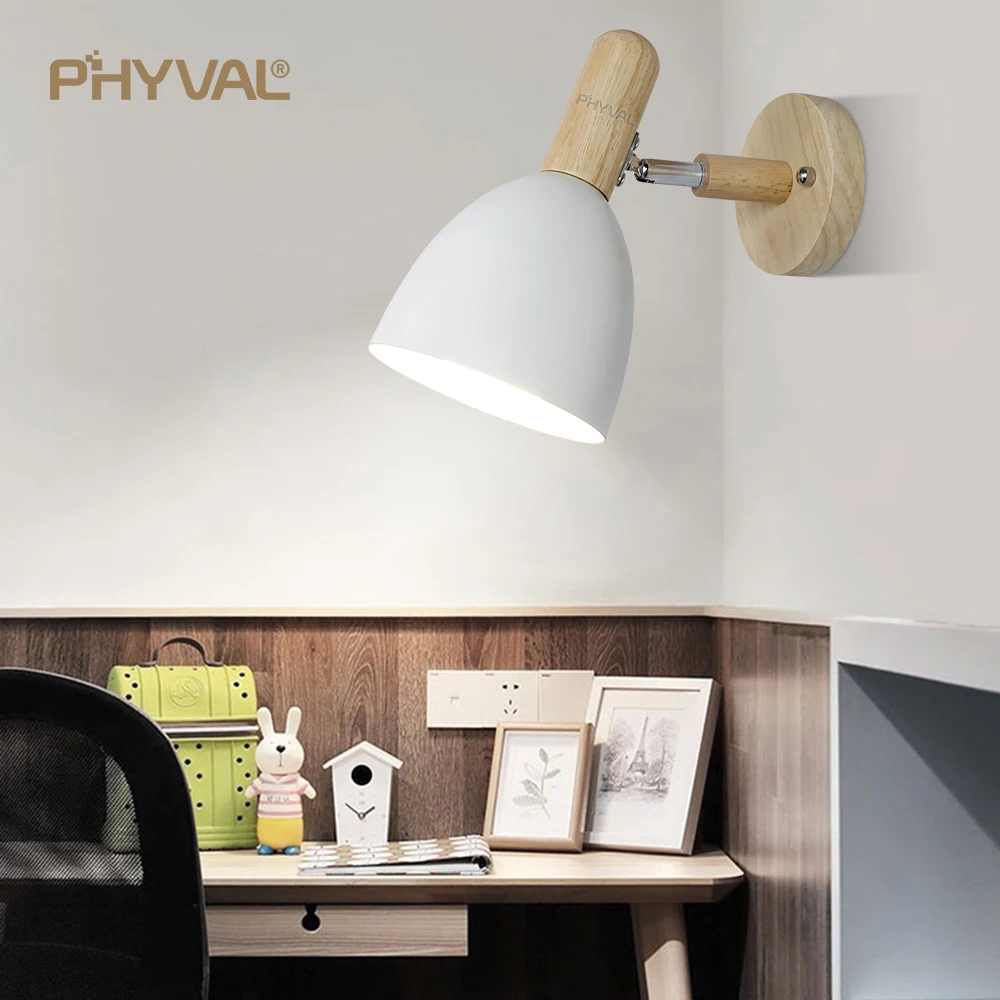

PHYVAL New Arrival Wall Lamp Modern Wood Lamp Base Painted Nordic Lamp Wall E27 Black Bed Lamp For Living Romm White