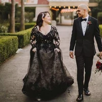 black lace wedding dresses plus size long sleeve v neck appliques a line outdoor garden wedding bridal gowns vestido de noiva