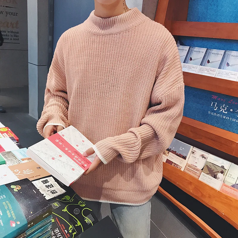 

Fashion 2021 Autumn winter pull homme men's pullover Korean handsome loose round neck students Pink sweater casaco masculino