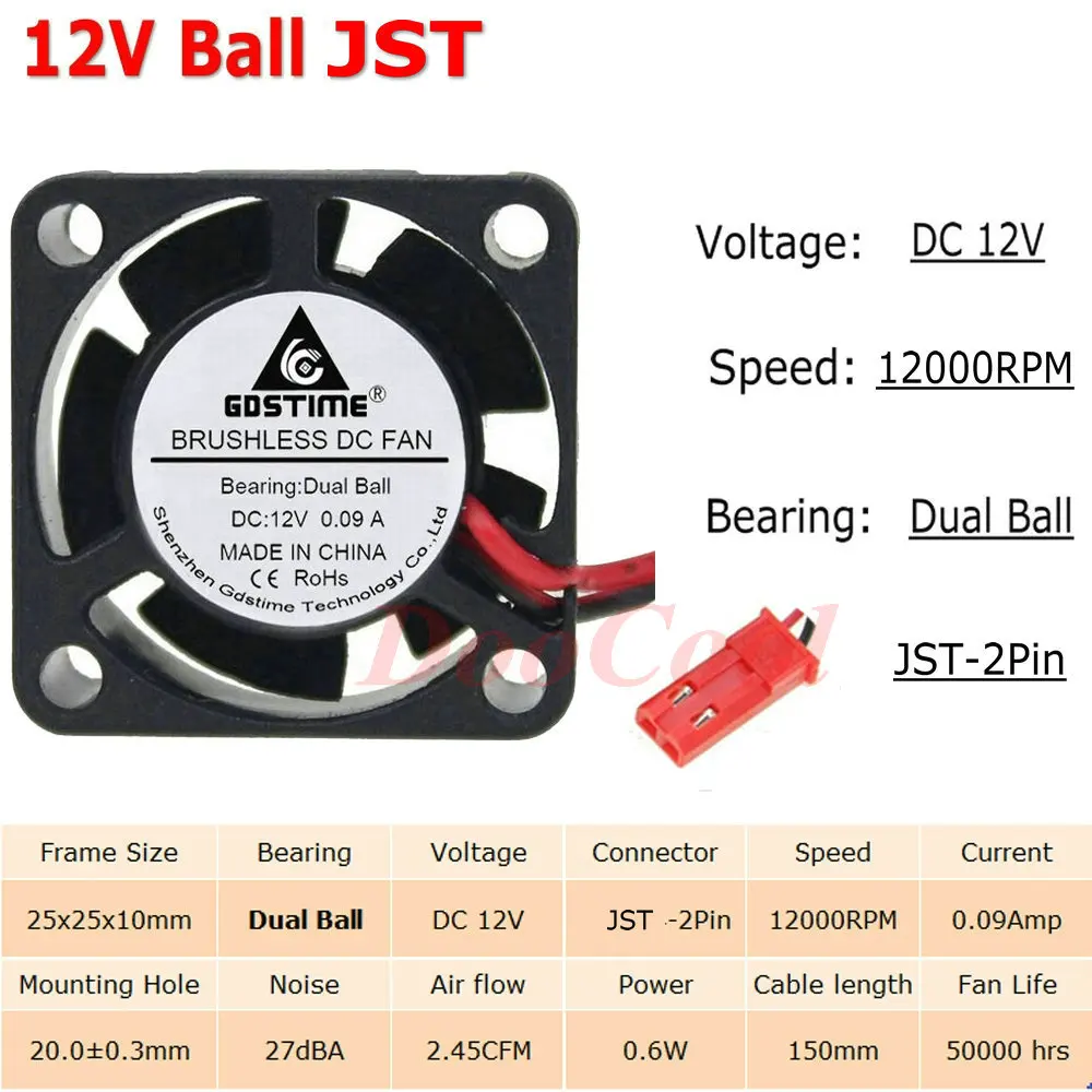 12V Ball JST 5 шт. Gdstime с фокусным расстоянием 25 мм 25x25x10 мм 2Pin JST Dupont 5 В, 12 В, 24 В постоянного тока, 2510 рукав Шаровая Опора радиатора мини Бесщеточный Охлаждающий вентилятор Cooler - Цвет лезвия: 12V Ball JST