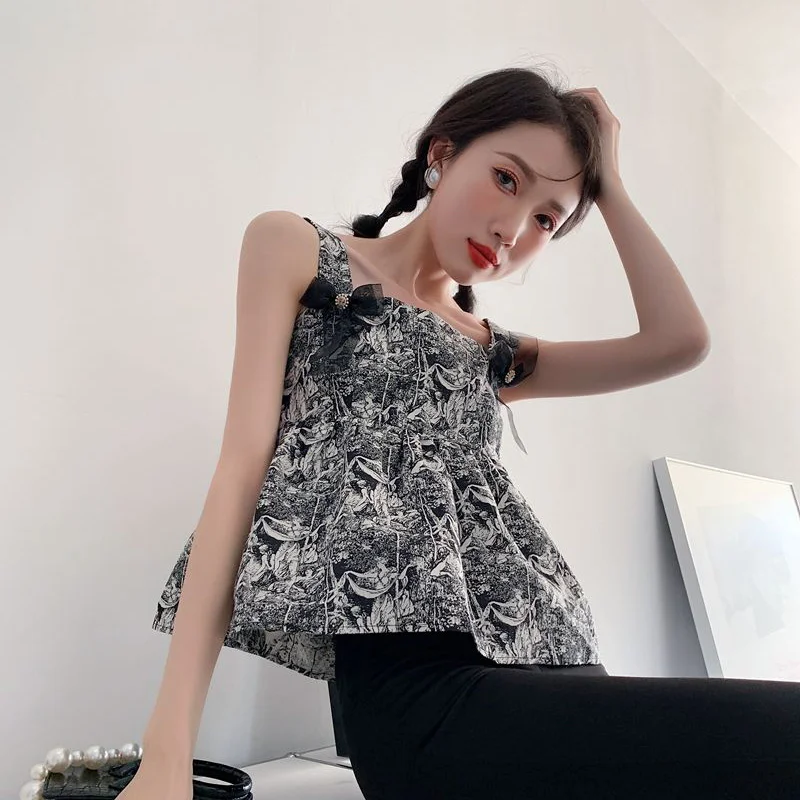 

Print Ruched Vests For Women Square Collar Sleeveless Patchwork Hit Color Camis Females Summer Clothing 2021 New Stylish E691