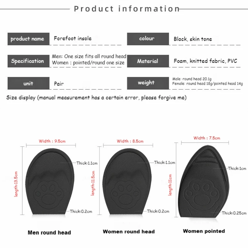 2Pcs Forefoot Pads Heel Insoles for Shoes Soft Breathable Unisex Foot Pads Shock Absorption Shoe Pad Adjust Size Half Inserts