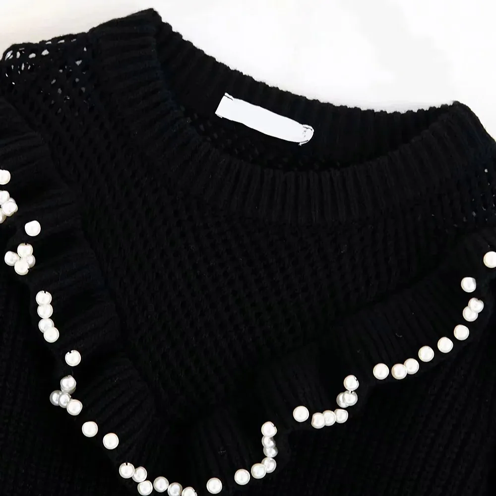 Женский свитер с жемчужинами Za Trf черный вязаный пуловер длинным рукавом джемпер