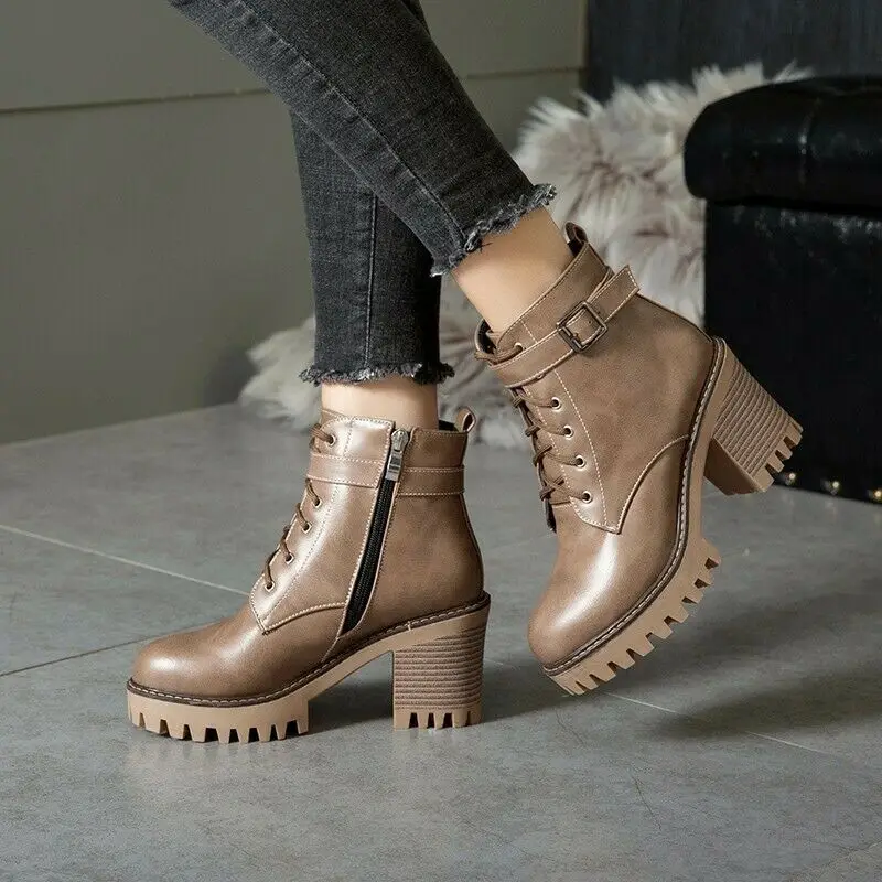

3 Colors New Ladies Punk Block Heel Round Toe Zip Up Brogue Casual Ankle Boots