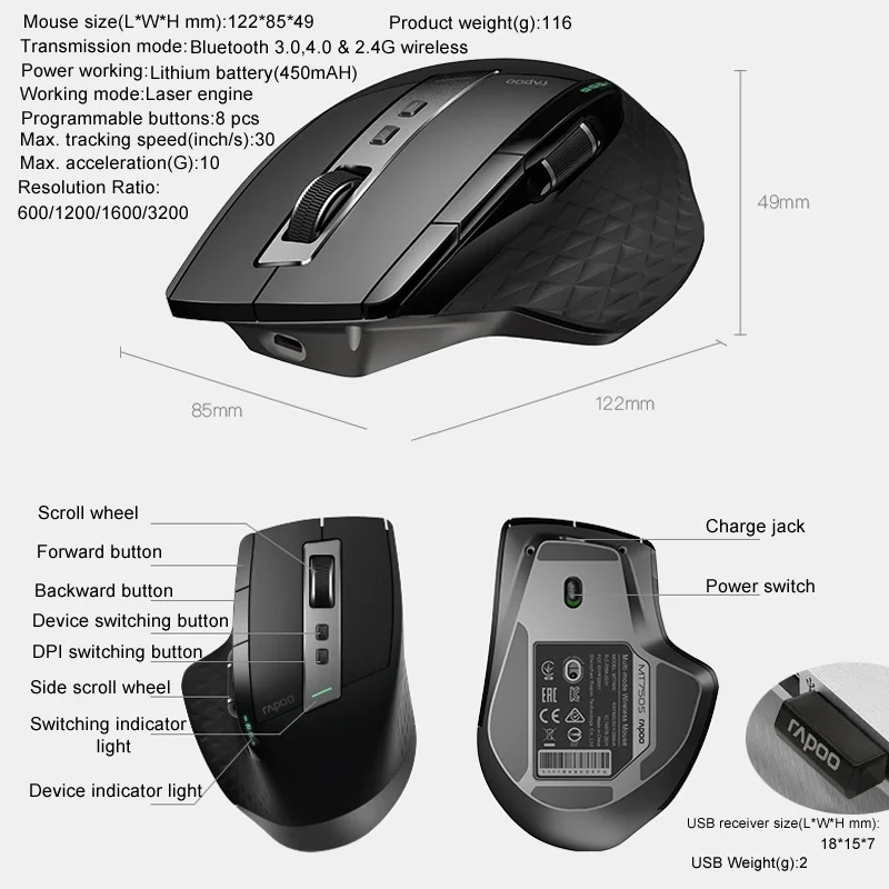 Rapoo MT550/MT750S многомодовая беспроводная мышь Bluetooth 3,0/4,0 и 2,4G переключатель для подключения четырех устройств компьютерная игровая мышь