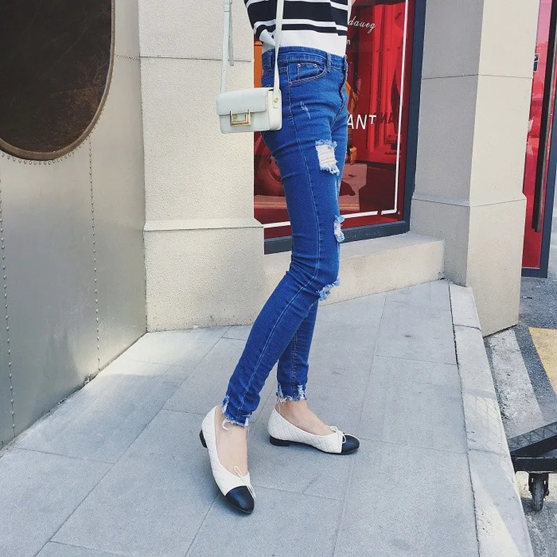 

The New Korean Version of Slim Slimming Holes and Small Feet Pencil Pants Women's High Waist Jeans Trousers 2021