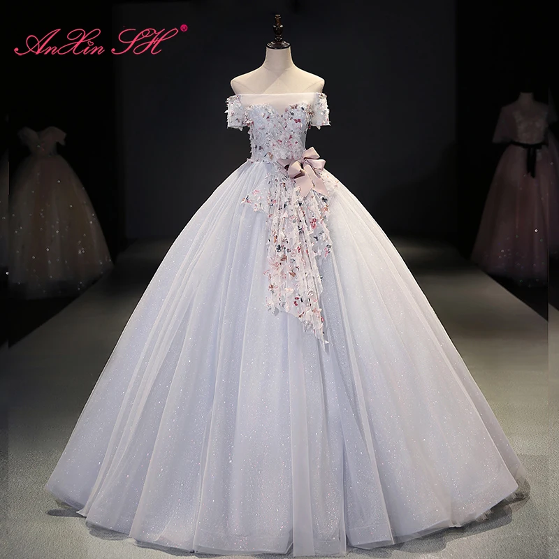 

Винтажное платье принцессы AnXin SH, серебристо-голубое кружевное бальное платье с вырезом лодочкой и большим розовым бантом для невествечерние, украшенное бусинами и цветами, вечернее платье
