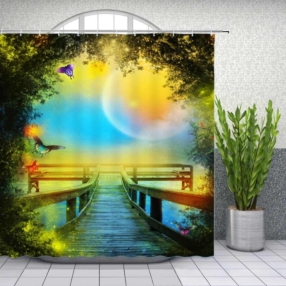 natural scenery shower curtains waterfall green meadow flower spring landscape bathroom decor waterproof cloth curtain set cheap free global shipping