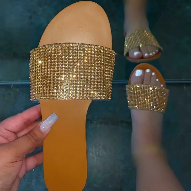 

Women 2021 Slippers Summer Woman Crystal Flats Women's Casual Slides Female Beach Shoes Ladies Comfort Footwear Plus Size