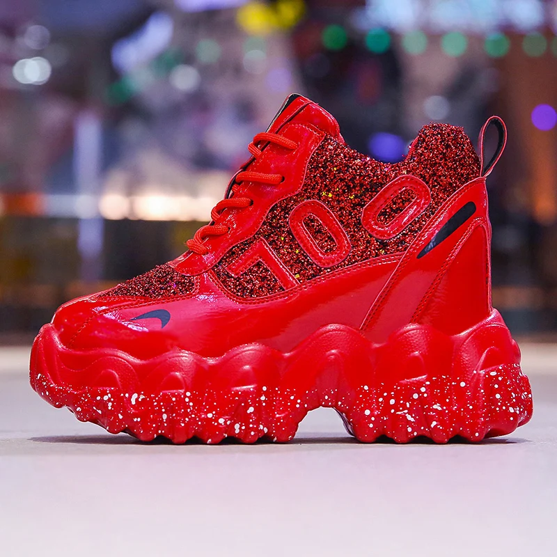 Women Platform Sneakers 2020 Spring Casual Shoes 9.5CM Heels Red Vulcanized Designer Bling Chunky Dad | Обувь
