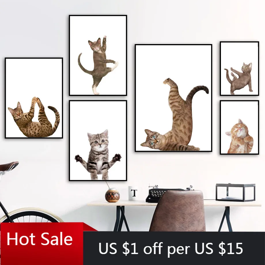 Настенная Картина на холсте с забавным котом гимнастикой котенком скандинавские