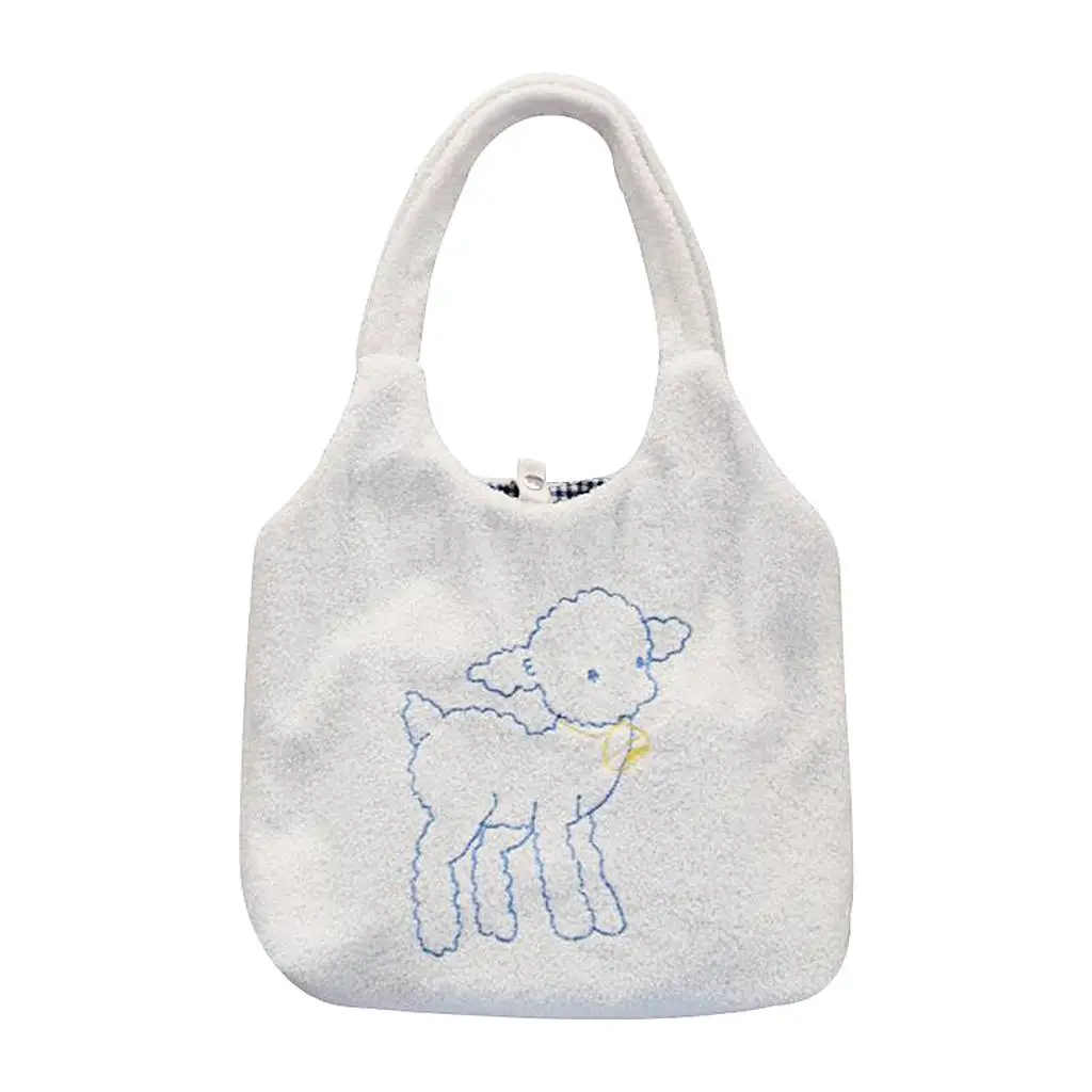 Cute Book Bags For Girls  Simple Canvas Handbag Tote Women Lamb Like Fabric Shoulder Bag Canvas Fluffy Fur Sheep Handbags images - 6