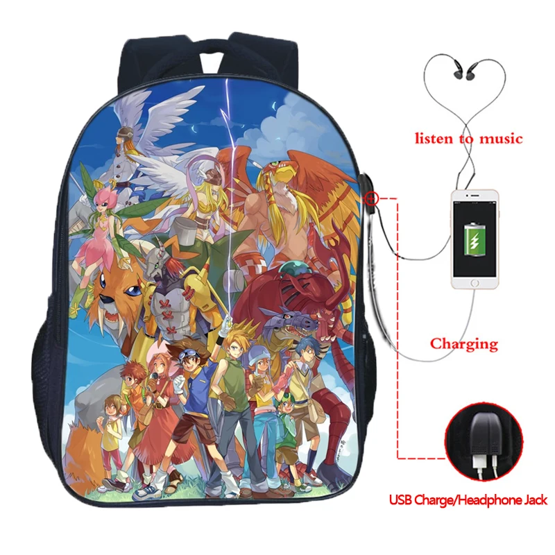 

Boys Girls Digimon Adventure Digital Monster Backpack School Bag Teens Bookbag Knapsack Men Bagpack USB Charging Laptop Rucksack